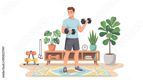 Man exercising with dumbbells at home gym.