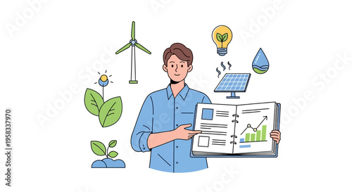 Man presenting renewable energy concepts and data analysis.