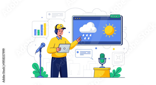 Man presenting weather forecast on a digital screen.