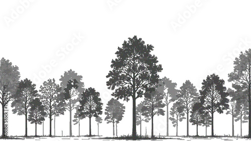 Minimal CAD Tree Line Drawing, Architectural Wetland Forest Section Outline, Side View Landscape Design Illustration, Plot and Tree Block Elements, Clean Outline Vector Pattern