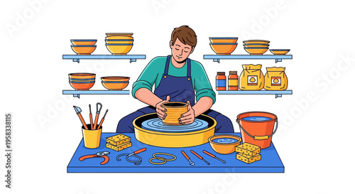 Man skillfully shaping clay on a pottery wheel.