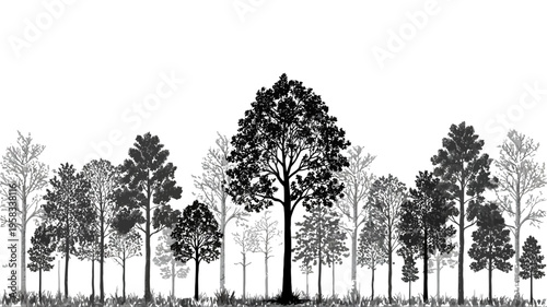 Minimal CAD Tree Line Drawing, Architectural Wetland Forest Section Outline, Side View Landscape Design Illustration, Plot and Tree Block Elements, Clean Outline Vector Pattern