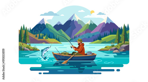 Man fishing from a boat with a jumping fish.
