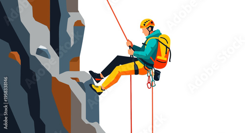 Man rappelling down a steep rock face with gear.