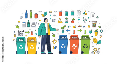 Man sorting waste into recycling bins illustration.