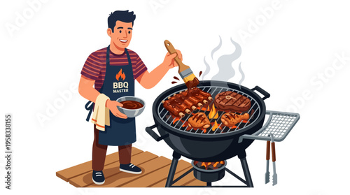 Man grilling delicious meat on barbecue grill outdoors.