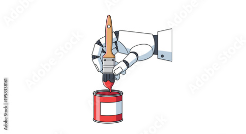 A white robotic hand precisely holds a paintbrush and dips it into an open red paint can on a white background.