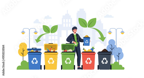 Man sorting waste into recycling bins for environmental protection.