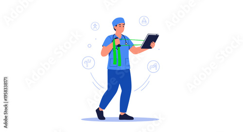 Man Speaking into Microphone Holding Tablet Computer.