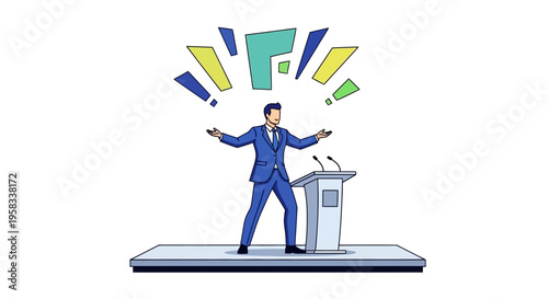 Man speaking passionately at podium with colorful speech bubbles.