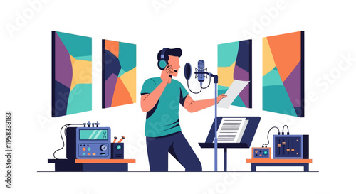 Man recording audio in a professional studio setting.