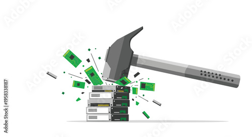 A large hammer smashes a stack of server racks, causing green circuit boards to explode outwards on a white background.