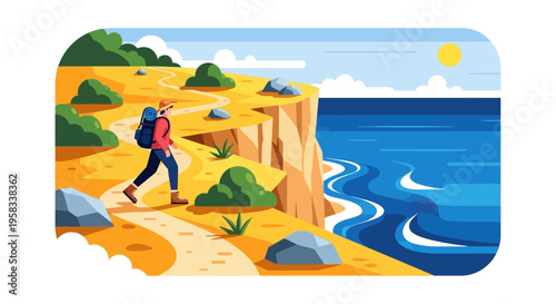 Man hiking on coastal path with backpack.