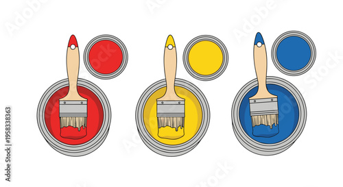 Three open paint cans with brushes, filled with red, yellow, and blue paints, are arranged on a white background.