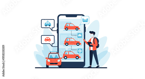 Man Using Mobile App for Car Rental Service Booking.