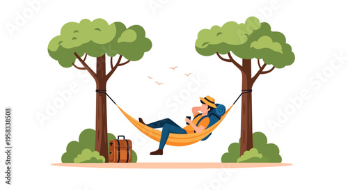 Man Relaxing in Hammock Holding Phone and Drink.