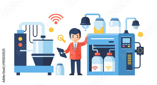 Man Operating Advanced Industrial Manufacturing Equipment.