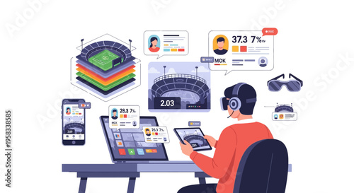 Man using VR headset interacting with stadium data on screens.