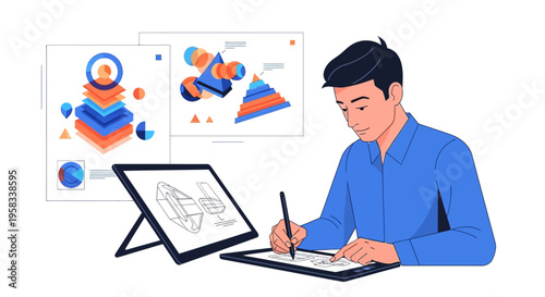 Man working on digital tablet with creative designs.