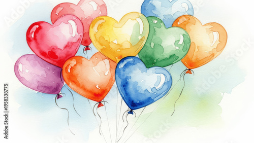 Watercolor Heart Balloons Illustration, Romantic and Colorful Floating Hearts Artwork, Hand-Painted Style, Perfect for Love