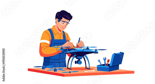 Man repairing a drone with tools on a table.