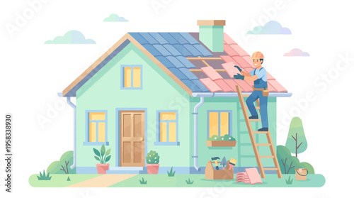 Man repairing house roof with ladder and tools.