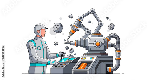 Man Operating Advanced Robotic Drilling Machine in Industrial Setting.
