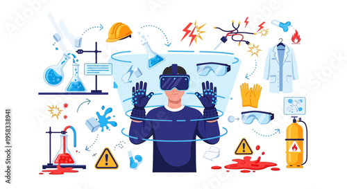 Man wearing VR headset and gloves in virtual reality simulation.