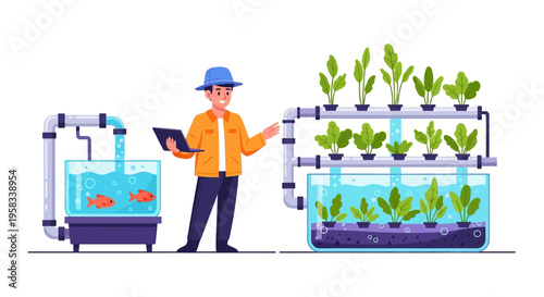 Man Operating Aquaponics System with Fish and Plants.