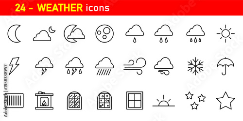 Weather Icon Set: A comprehensive collection of 24 distinct weather icons, meticulously crafted with clean lines and a modern aesthetic, ready to enhance any digital interface or design project.