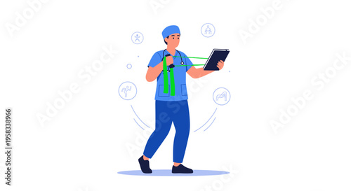 Man Speaking into Microphone Holding Tablet Computer.