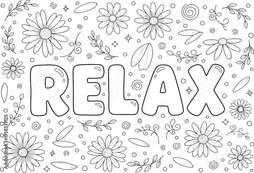 Relax vector illustration with playful botanical doodles coloring page for adults and kids stress relief coloring book
