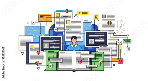 Man surrounded by documents and data analysis.