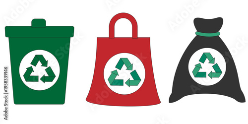Recycling containers: A trio of differently styled containers displays the iconic recycling symbol, highlighting environmental responsibility and waste management.