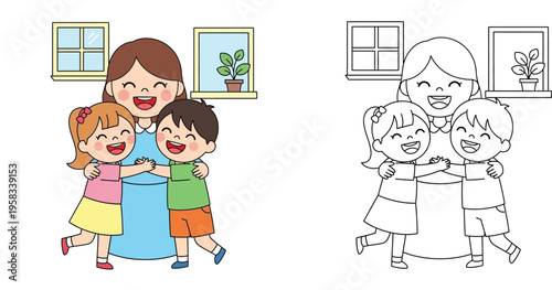 Mother hugging her two happy children vector illustration with a coloring page version for kids