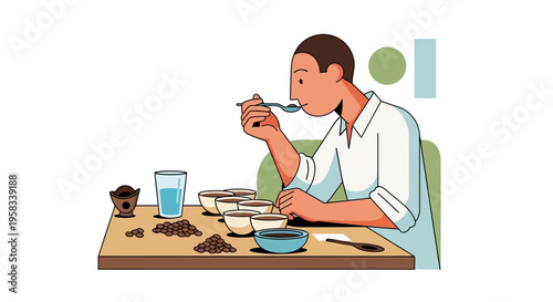 Man tasting coffee beans at a table.