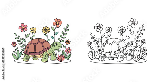Cute cartoon turtle in a garden with flowers vector illustration set featuring a colored version and a black and white line art coloring page for kids educational activity and fun
