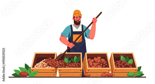 Man tending to compost bins with shovel.