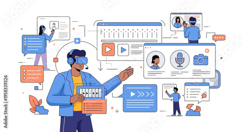 Man wearing VR headset interacting with digital interfaces.