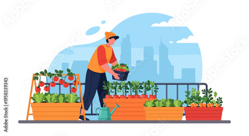 Man tending to rooftop garden with fresh vegetables.