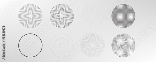 Black concentric circle set. Sonar or sound wave ring collection. Dotted and linear epicentre, target, radar icon concept. Ripple radial signal or vibration elements. Vector line and halftone symbols