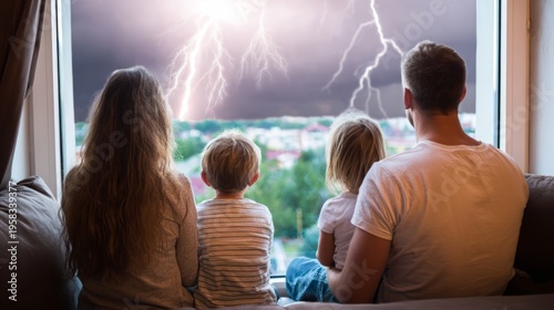 Family watching thunderstorm through home window. Woman, man, boy and girl sitting together inside during rain. Safety, togetherness and protection from weather storm concept. Warm interior.