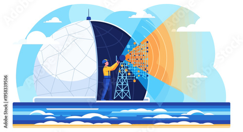 Man working on communication tower inside protective dome.