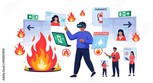 Man using virtual reality headset for fire safety training simulation.