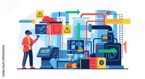 Man Using Virtual Reality Headset Interacting with Industrial Machinery.