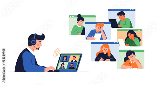 Man wearing headset using laptop for online meeting with diverse participants.