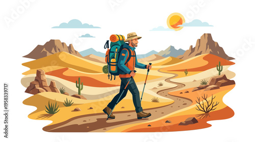 Man with backpack hiking through desert landscape.
