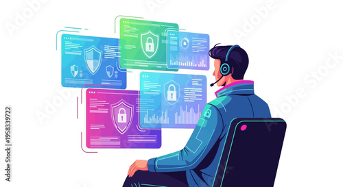 Man wearing headset analyzing digital security screens.