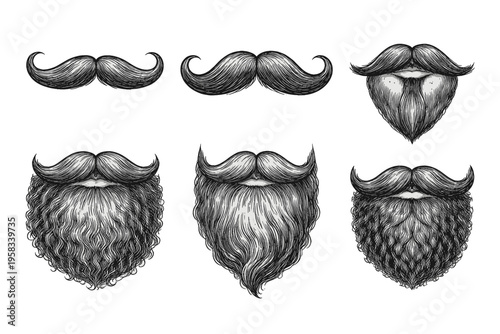 Vintage engraved moustache and beard collection in black and white barber illustration style