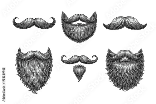 Vintage engraved moustache and beard collection in black and white barber illustration style